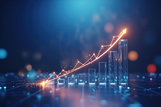 Financial success and global business strategy with stock market graph. Golden arrow up. Global network data with blockchain. Finance background. - Powered by Adobe