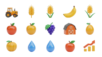 Colorful farm produce icons including fruits vegetables and agricultural elements isolated on transparent background