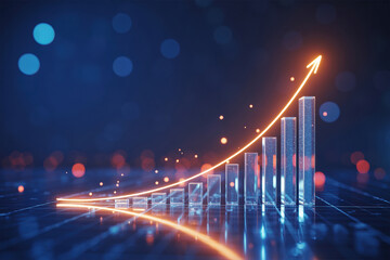 Growth stock chart with golden arrow moving up statistics and business economy data with blockchain network