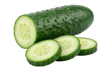 Whole and sliced fresh green cucumber isolated on a transparent background