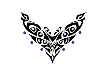 Naklejka premium Abstract Tribal Art Symbol Featuring Black Patterns and Blue Dots for Cultural and Artistic Inspiration