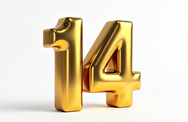 Golden number 14 sits isolated on a clean white background casting subtle shadow. Shiny metallic digit suggests finance awards success and special offers.