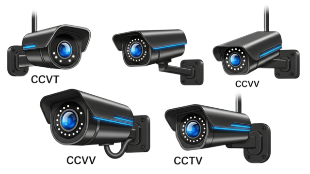 Realistic security camera set isolated illustration with blue night vision isolated on transparent background - Powered by Adobe