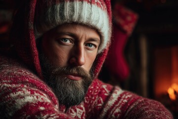 Handsome bearded man in warm winter hat posing outdoors in cozy festive Christmas lights