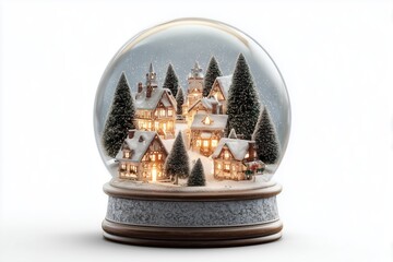 Snow globe featuring winter village scene with illuminated houses creating magical nostalgic Christmas atmosphere