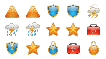 Collection of fantasy icons including shields stars clouds and potions isolated on transparent background