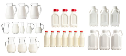 Set of plastic milk bottle with cap isolated on white background. Concept of packaging, storage, and container design