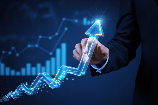 Businessman pointing glowing arrow on virtual screen showing company growth and success on dark background - Powered by Adobe