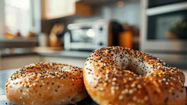 Two sesame and poppy seed bagels on kitchen counter