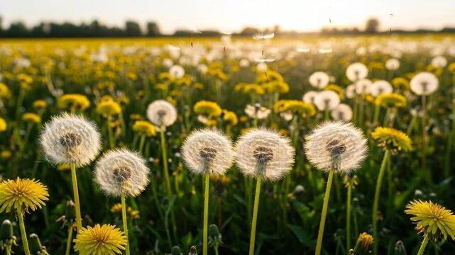 Dandelion seed heads blowing in the wind in a sunny field of yellow flowers