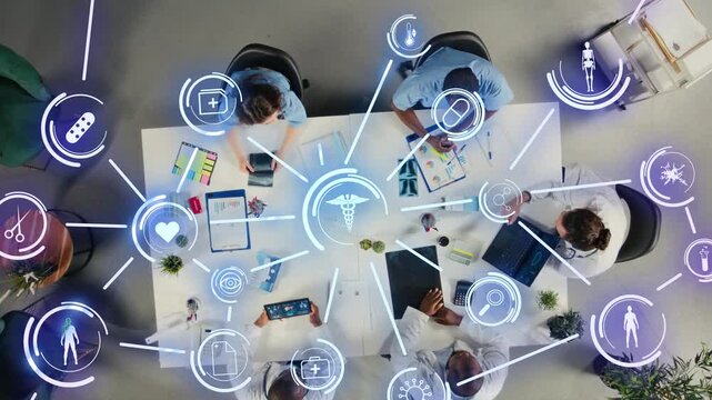 Healthcare experts integrate smart health apps diagnostics in workflow, HUD icons symbolizing medical data analytics. Medical team in office uploading patient records on hospital cloud network systems