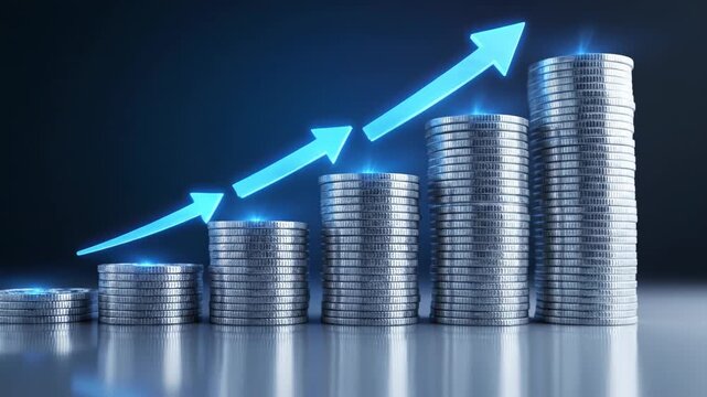 Stacks of silver coins with a glowing blue arrow showing upward growth trend