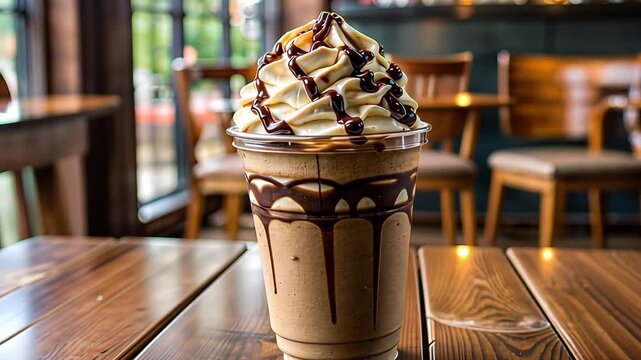 Close-up of a chocolate coffee frappe with whipped cream. Sweet iced beverage served in a cafe on a wooden table