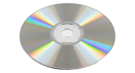A single shiny silver CD or DVD disc with rainbow reflections on a white background.