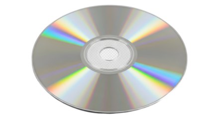 A single shiny silver CD or DVD disc with rainbow reflections on a white background.