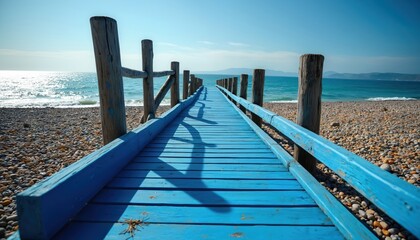 Bright blue wooden walkway leads to calm sea and pebble beach under clear sky. Coastal path offers serene journey over stones towards ocean waves and distant shore.