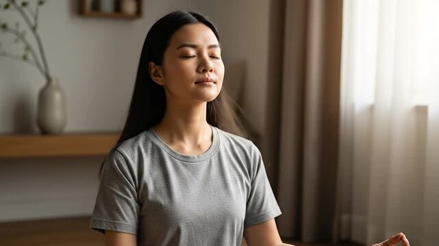 Serene Asian Woman Meditating in Lotus Pose with Calming Mudras