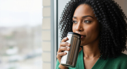 Pensive african american woman drinking from a reusable travel mug by a window. Young black female enjoying a quiet moment with a warm beverage. Lifestyle portrait with copy space