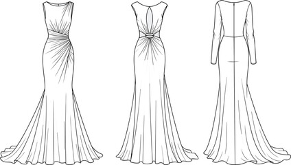Elegant Mermaid Gown Fashion Flat Sketch with Draped Bodice, Open Back Detail, and Long Sleeve Variation for Technical Design and Apparel Development
