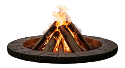 A roaring bonfire in a circular brick fire pit with flames licking upwards.
