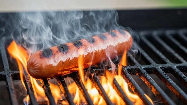 Hot Dog Grilling Over Open Flames, With Smoke Rising and the Sausage Browning Beautifully