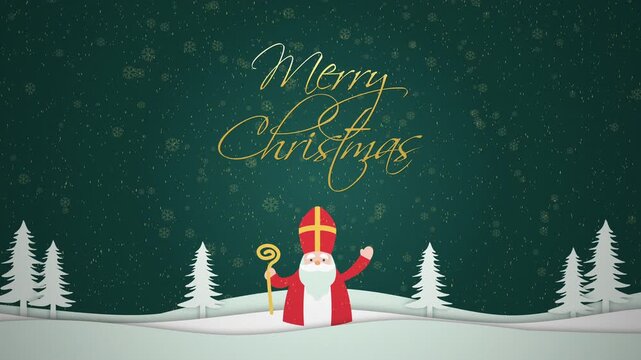 Animated "Merry Christmas" Greeting Card Video with Sinterklaas in Snowy Forest | Christmas Winter Background Footage