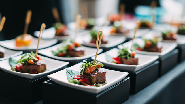 Close-up view of exquisite small food dishes artfully arranged for a special event celebration Generative AI