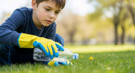 Young boy cleaning park by picking up plastic bottle from grass, child volunteer collecting trash for recycling.