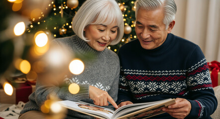 Cozy Christmas evening with senior couple looking at family photo album together in festive living room, sharing warm memories and joy.