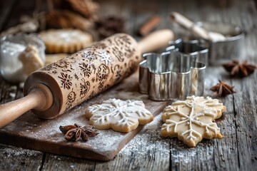 Christmas baking scene with cookies rolling pin spices and festive decorations arranged on wooden kitchen surface