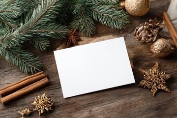 Blank white Christmas card placed on wooden table surrounded by pine branches and festive decorations