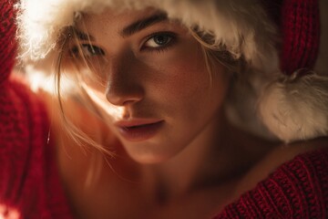 Elegant woman wearing Santa hat illuminated by warm golden light creating festive intimate winter mood