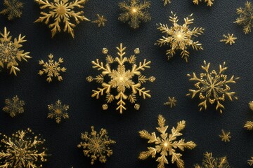 Golden snowflakes arranged on dark background creating elegant luxurious Christmas winter decorative pattern