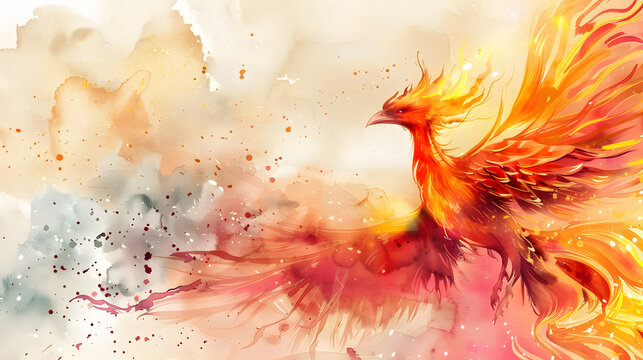 phoenix bird watercolor painting glowing fiery