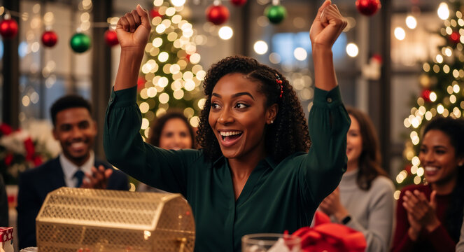 Happy woman celebrating raffle win at Christmas party with excited expression and raised arms. Celebration includes festive decorations, joyful people applauding, and a festive atmosphere.