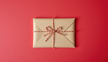 Brown envelope tied with red and white string on vibrant red background for festive and seasonal themes