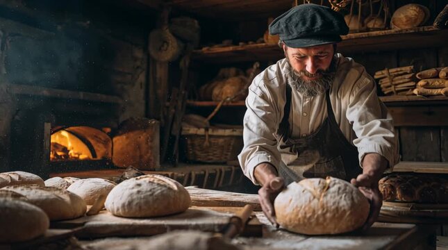 Artisan Baker Preparing Fresh Bread in Rustic Bakery Atmosphere