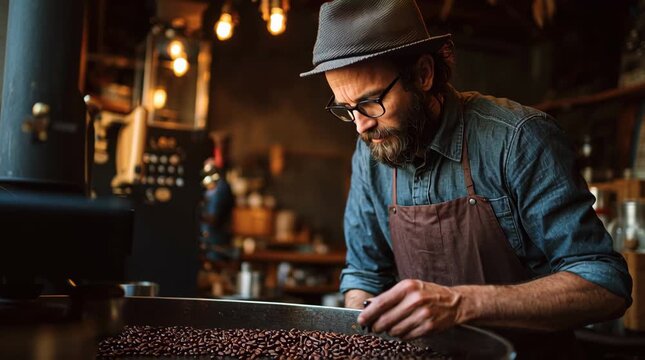 Artisan Roaster Examining Fresh Coffee Beans in Cozy Cafe Setting