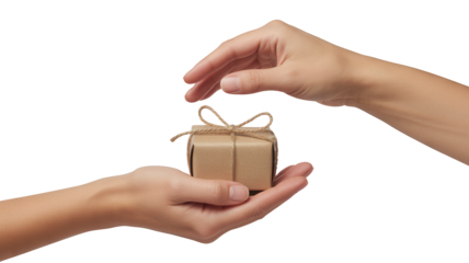 Hands giving and receiving a small gift box wrapped in brown paper and tied with twine isolated on transparent background