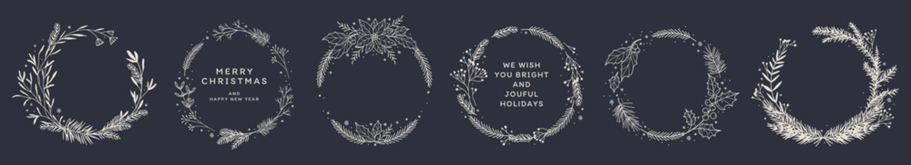 Christmas wreaths with fir branches, berries, leaves, poinsettia, holly, snowflakes. Winter floral decor. Vector illustration hand-drawn in sketch style © Victory
