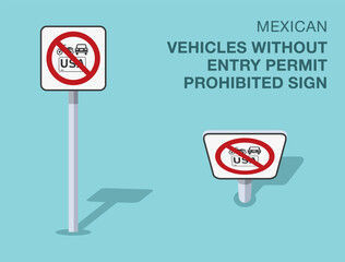 Traffic regulation rules. Isolated mexican "vehicles without entry permit prohibited" road sign. Front and top view. Flat vector illustration template.