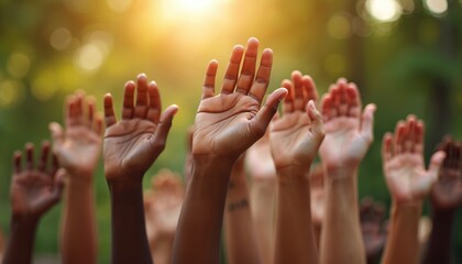 Diverse hands raised together against blurred green background and sunlight. Represents unity, community support, voting, or awareness campaigns promoting equality and social justice.