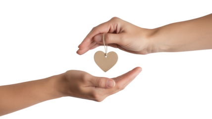 Hands giving and receiving a small brown cardboard heartshaped tag isolated on transparent background