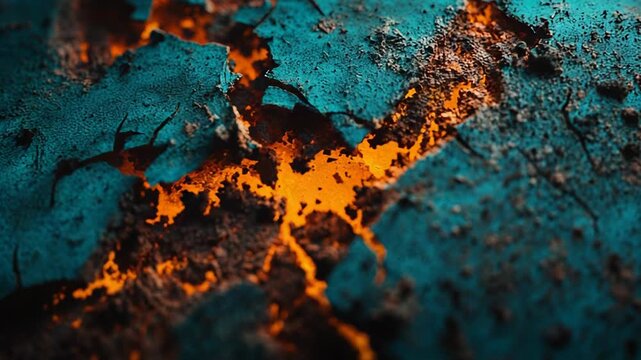 Heat glowing through cracked earth surface texture