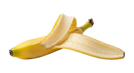Partially Peeled Banana with Yellow Peel on White Background.