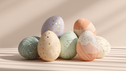 Elegant Hand-Painted Easter Eggs with Gold Accents and Geometric Patterns on Soft Pastel Background