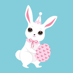 Cute white Easter bunnies, color clothes, cutie bows, pattern eggs. Spring collection. Sticker design. Set of easter eggs, pretty rabbits. Happy Easter. Greeting cards, birthday decoration, poster art