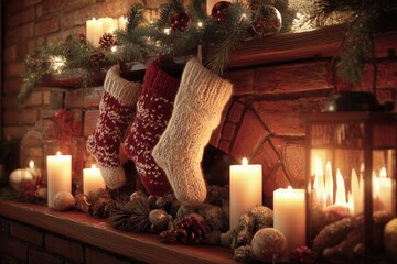Christmas fireplace scene with stockings candles and warm glowing lights creating cozy festive winter atmosphere