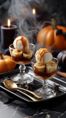 Obraz premium Indulging in bananas foster topped with vanilla ice cream on a cozy fall night Generative AI