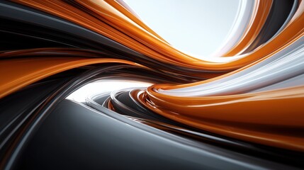 Abstract glossy metallic waves in warm orange and silver tones forming futuristic flowing design background